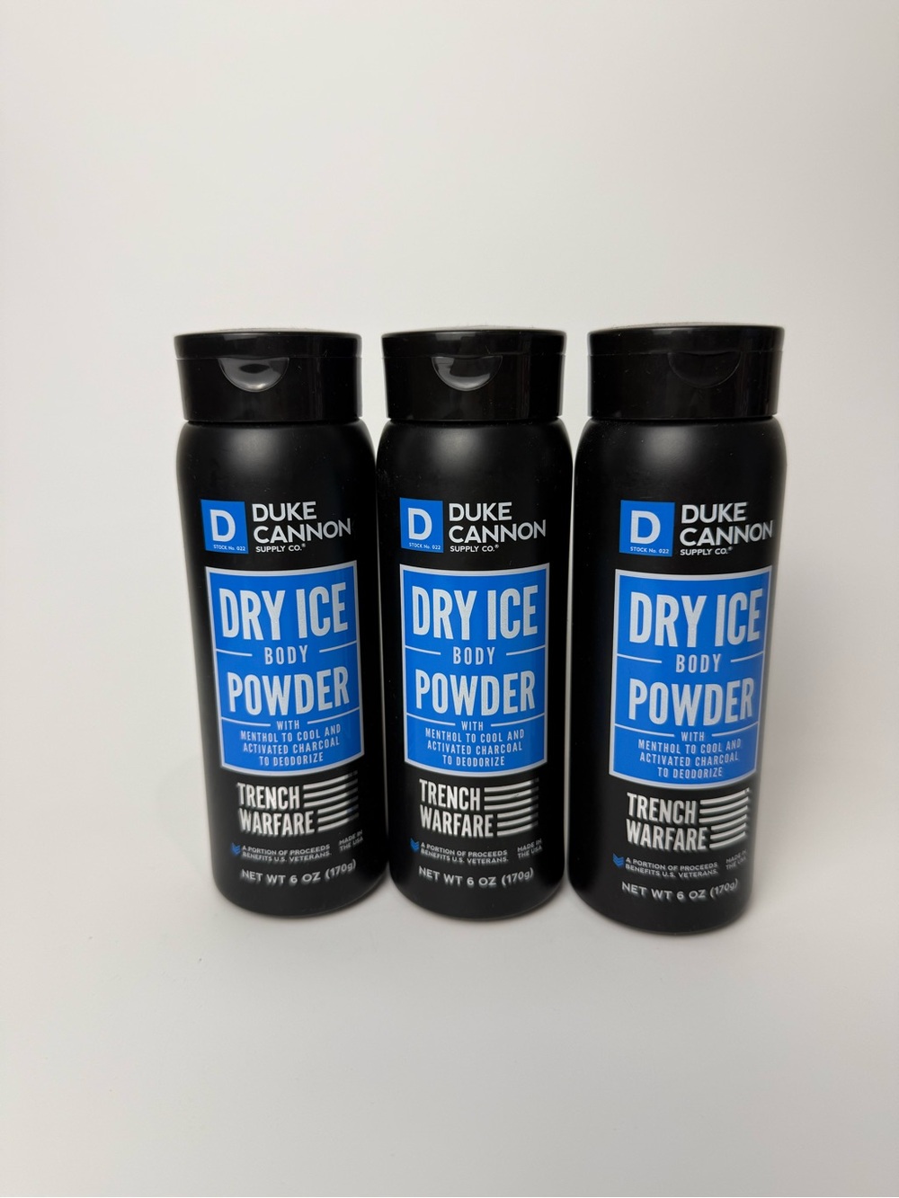 3x Duke Cannon Dry Ice Body Powder Cooling Soothing Menthol Charcoal 6 oz Each